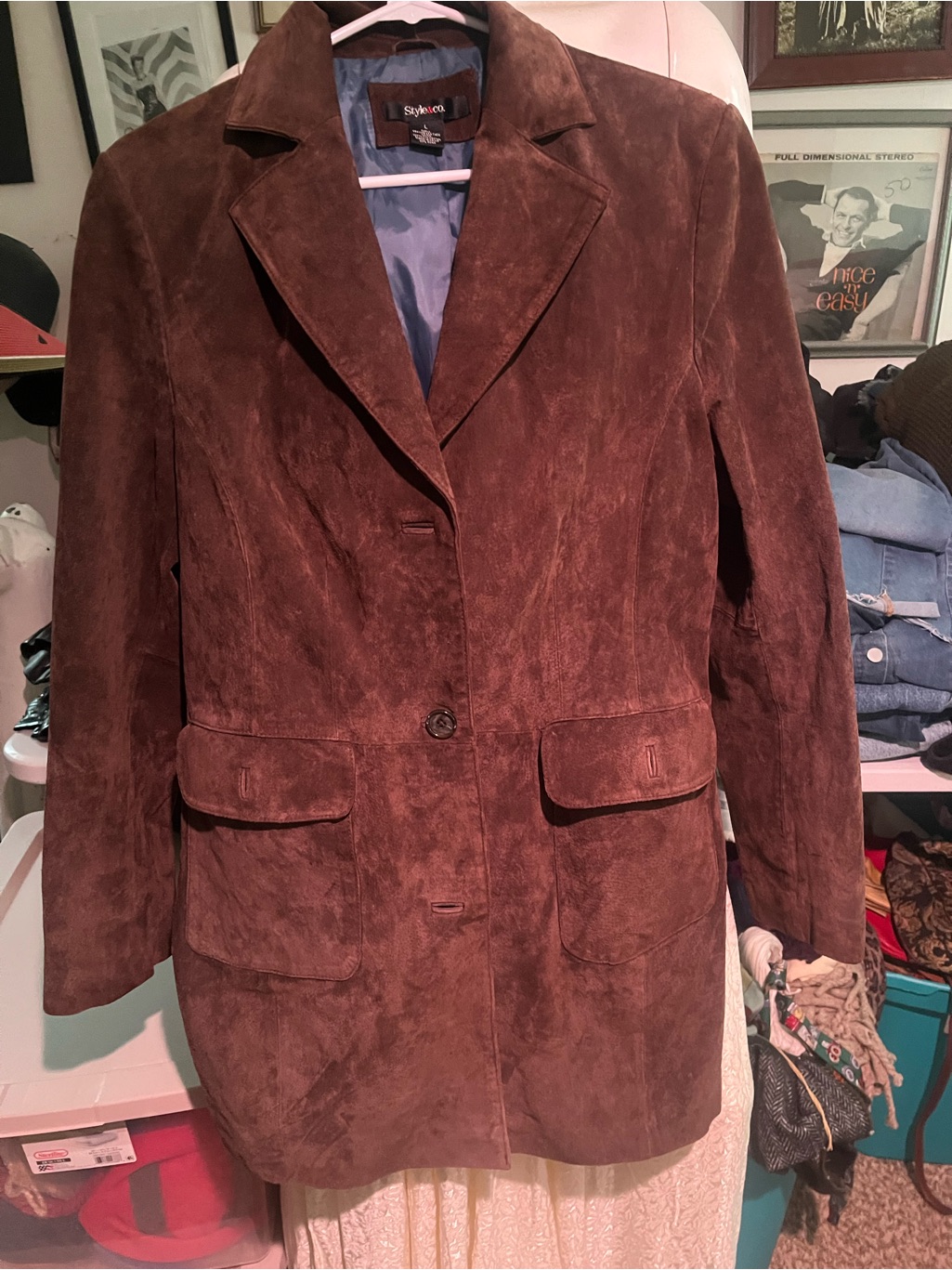 Style & Co. Brown Suede Notch-Lapel Leather Blazer